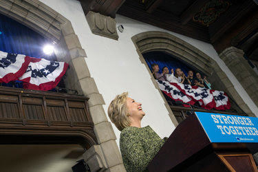 Hillary Clinton speaking on Monday at Temple University in Philadelphia.