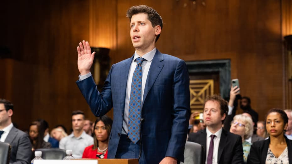 Sam Altman, chief executive officer and co-founder of OpenAI, swears in during a Senate Judiciary Subcommittee hearing in Washington, DC, US, on Tuesday, May 16, 2023. Congress is debating the potential and pitfalls of artificial intelligence as products like ChatGPT raise questions about the future of creative industries and the ability to tell fact from fiction. Photographer: Eric Lee/Bloomberg via Getty Images