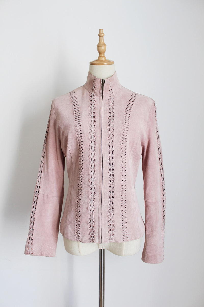 GENUINE SUEDE LEATHER PINK WOVEN FITTED JACKET - SIZE 10