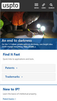 Screenshot of uspto.gov homepage sized for display on a mobile device