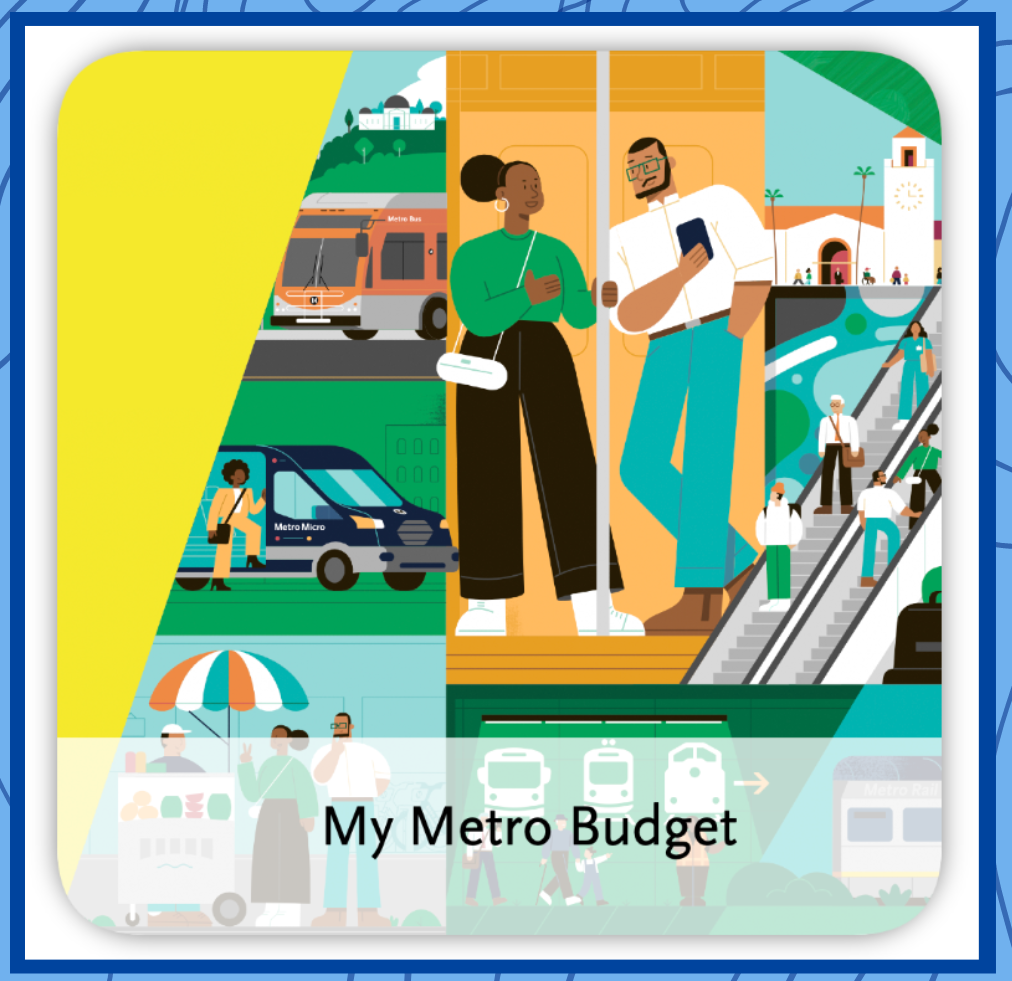 Illustrated cartoons of metro buses and riders, text \