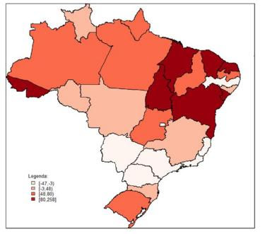 Mapa dos Estados brasileiros mostrando a variação das taxas de homicídio por local, entre 2006 e 2016. Quanto mais escura a região, maior o aumento.