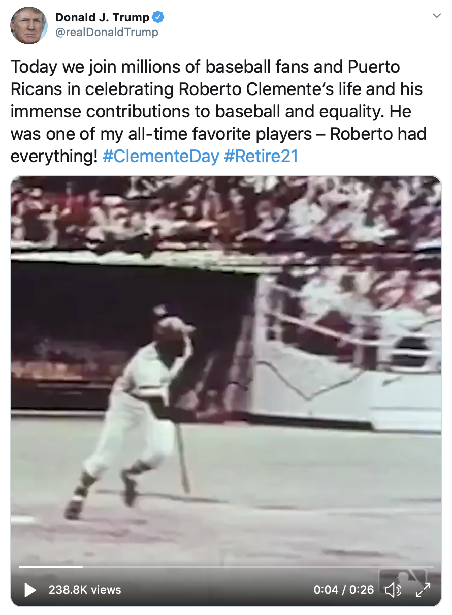 Trump Campaign Press Release - President Trump Honors Baseball Legend Roberto  Clemente and Calls for the Retirement of His Jersey Number