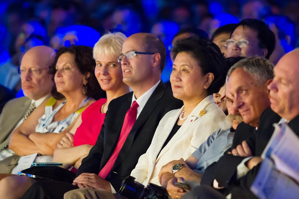Liu Yandong, vice premier of the People’s Republic of China, in a white jacket, and  Avi Hasson, Israel’s chief scientist of the Ministry of Economy, in a red tie, attend  a three-day tech conference held in May in Tel Aviv. 