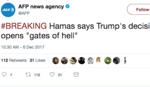 Hamas: Trump’s Jerusalem decision opens “gates of hell”