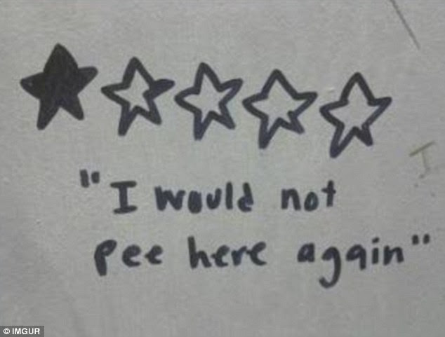 This person decided to give a toilet a rating out of five and, obviously unimpressed with their surroundings, gave it one star and said: 'I would not pee here again'