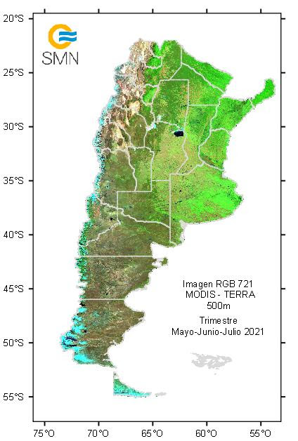 Figura 3: imagen RGB (721), sensor MODIS - TERRA (500 m), para el trimestre mayo-junio-julio del 2020 (izquierda) y 2021 (derecha).