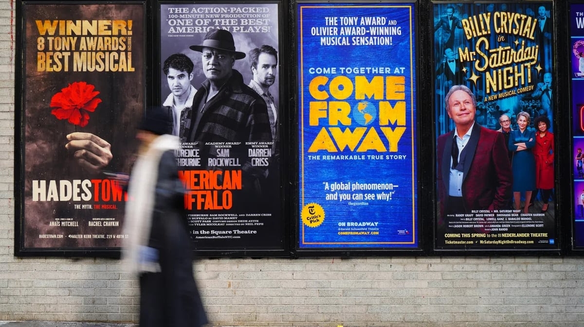 View of posters for Broadway musical shows on a street in New York City on February 20, 2022. Photo by EQRoy /Shutterstock