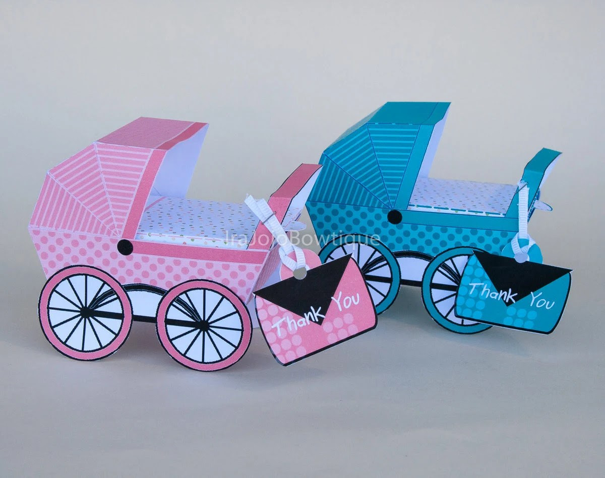 Baby Carriage Favor Box Set Green & Rose PinkBaby Shower