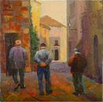 "Senior Stroll", 12x12, oil on board, figurative, three men walking, seniors, European cityscape, MA - Posted on Sunday, December 7, 2014 by Maryanne Jacobsen