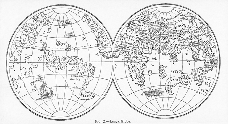 The Lenox Globe. As illustrated in the
Encyclopaedia Britannica, 9th edition, Volume X, 1874, Fig.2.