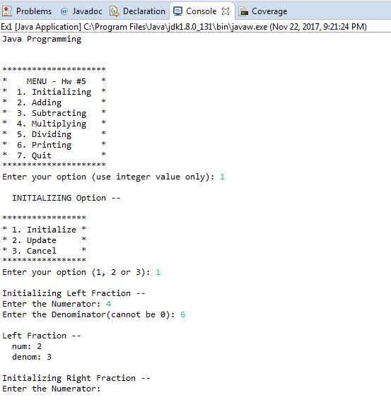 R-Problems @Javadoc E., Declaration Console G. Coverage Exd [Java Application] C:\Program FilesJava\jdk1.8.0_131\bin\javaw.ex