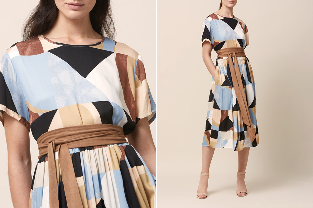 Louise geometric print dress and Obi belt