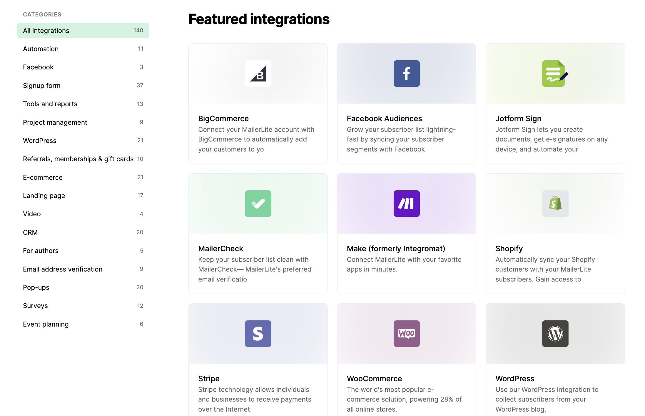 list of mailerlite integrations