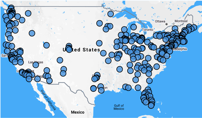 alt text: map of us with dots in all the placed where there is an impeachment event