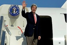 U.S. Secretary of State John Kerry aboard his plane in Tel Aviv. Jan. 6, 2014