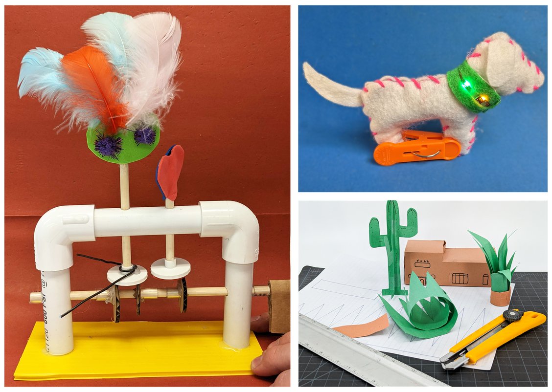 three projects - a hand-crank automata model made of pvc pipe and craft materials that rotates and raises two figures; a small felt dog with LEDs sewn into its collar; 3D paper models of a cactus, flat-roofed building, and an agave plant