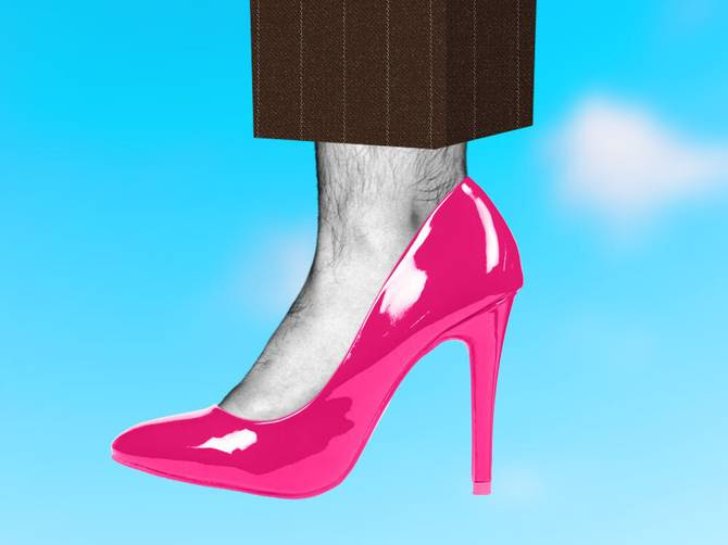 Masculine leg in business suit in pink high heel over sky background.