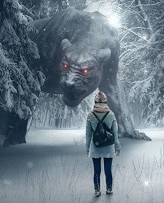 Girl in woods with oversized wild beast