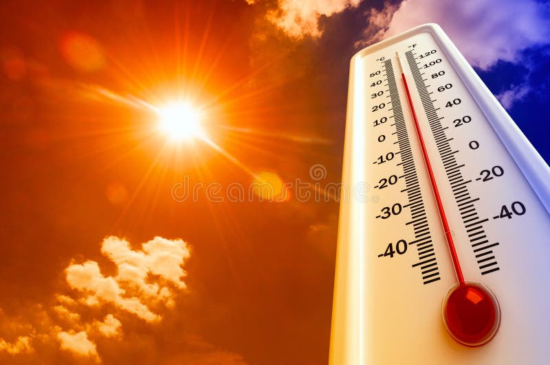 De hitte, thermometer toont de temperatuur in de hemel, de Zomer heet is vector illustratie