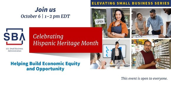 Five people standing indoors and outdoors with the following text, Celebrating Hispanic Heritage Month on October 6 at 1 pm EDT