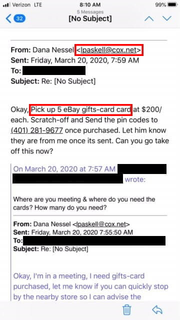 Image of phishing scam email indicating scammer email address and request for payment in gift cards