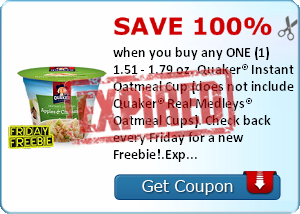 Save 100% when you buy any ONE (1) 1.51 - 1.79 oz. Quaker® Instant Oatmeal Cup (does not include Quaker® Real Medleys® Oatmeal Cups). Check back every Friday for a new Freebie!.Expires 6/15/2014.Save 100%.
