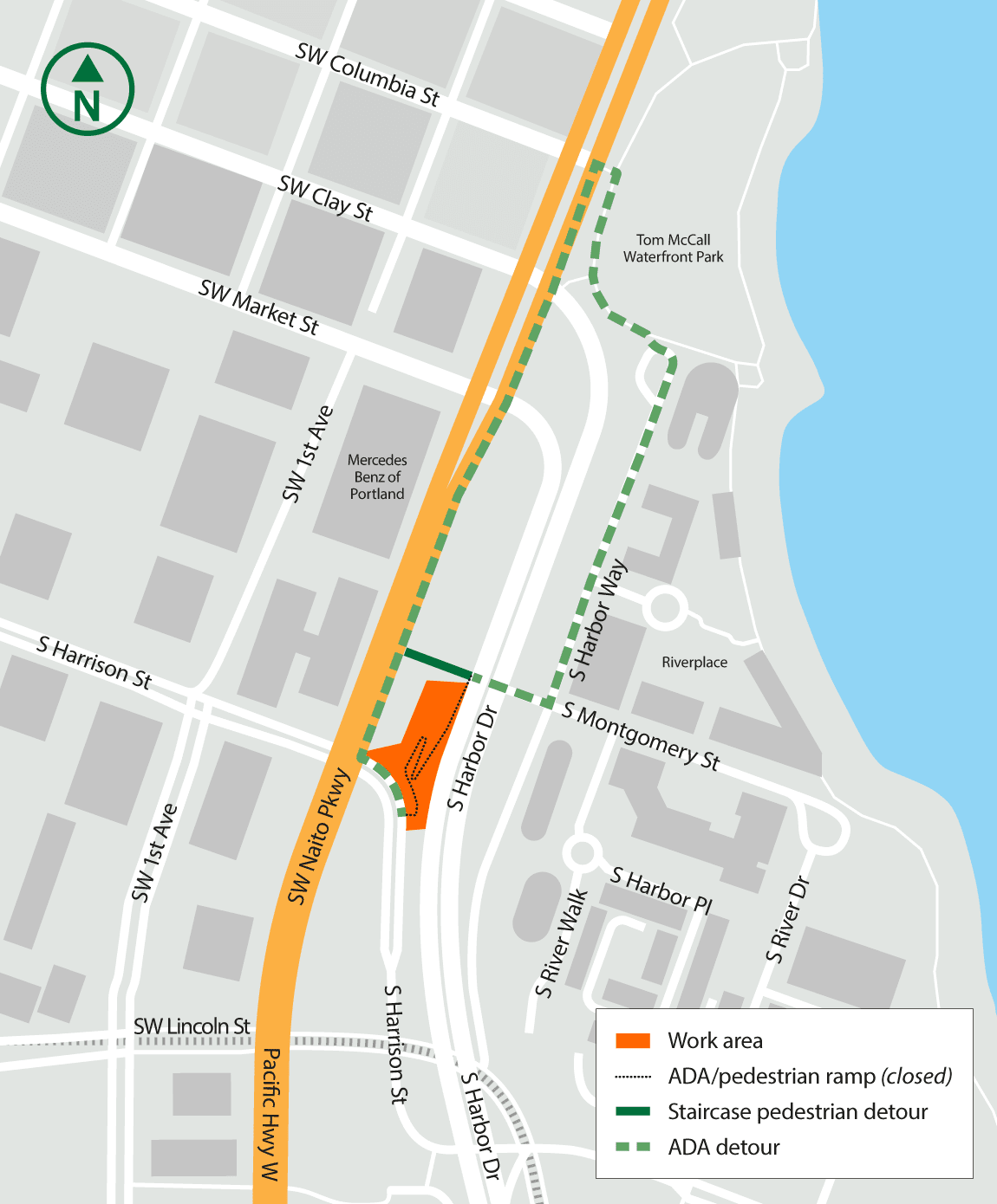 map of the work area, the closed ADA/pedestrian ramp, the staircase pedestrian detour, and the ADA detour which will require people to cross SW Naito Parkway at SW Harrison Street. 