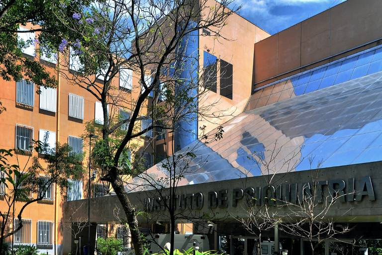 Fotografia mostra a fachada do IPQ onde dá para ver parte do letreiro da instituição, parte do prédio de tijolinhos e galhos de uma árvore na frente, além de parte do céu azul