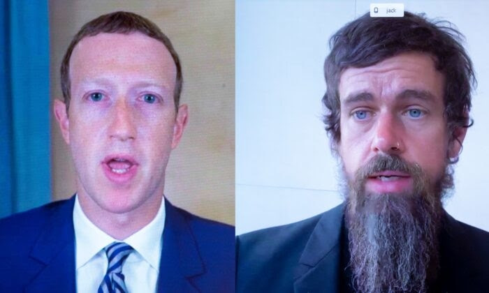 Giám đốc điều hành Facebook Mark Zuckerberg và Giám đốc điều hành Twitter Jack Dorsey làm chứng trực tuyến trước Quốc hội vào ngày 28 tháng 10 năm 2020 (Ảnh: Michael Reynolds / Pool / AFP qua Getty Images)