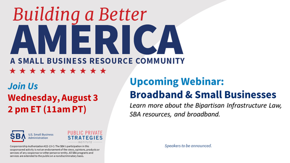 SBA and PPSI logos with the following text, Building a Better America: A Small Business Resource Community webinar on August 3 at 2 pm ET