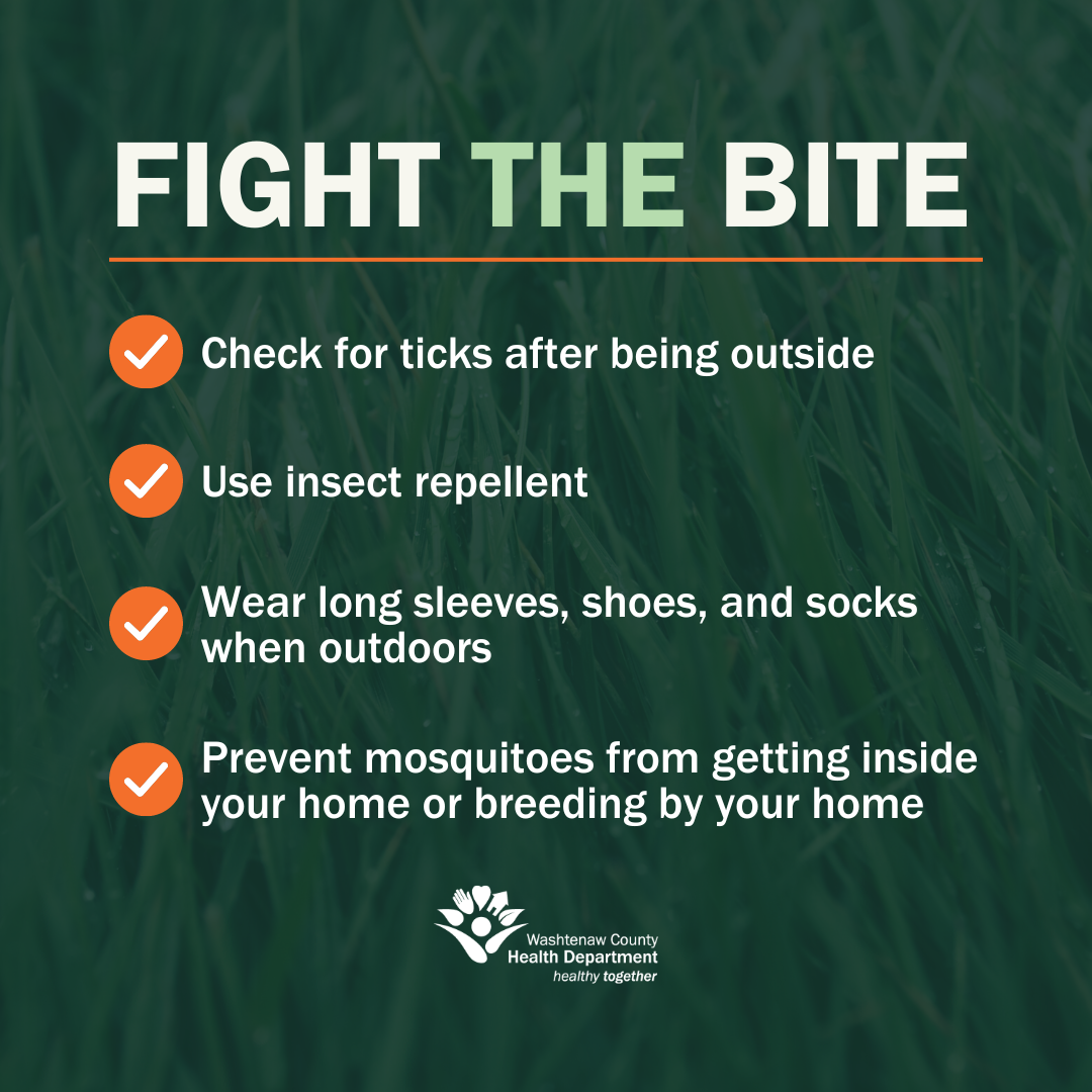 Image that says "Fight the bite. Check for ticks after being outside. Use insect repellent. Wear long sleeves, shoes, and socks when outdoors. Prevent mosquitoes from getting inside your home or breeding by your home." with WCHD logo.
