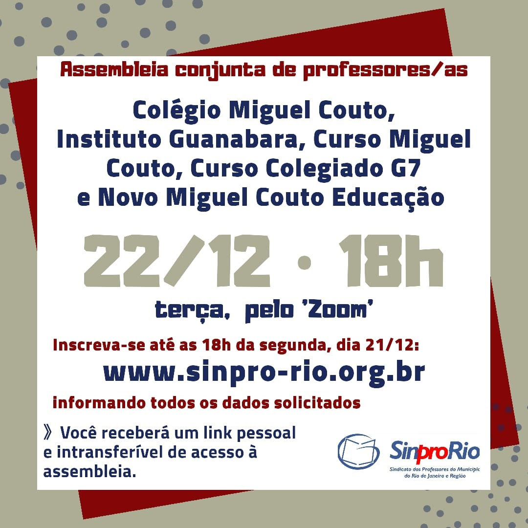MIGUEL COUTO: assembleia dia 22/12, às 18h! Inscreva-se por aqui!
