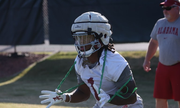 Alabama RB Jahmyr Gibbs (#1) going through practice for Texas A&M