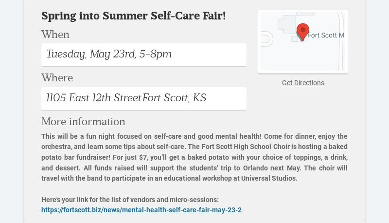 Spring into Summer Self-Care Fair! When Tuesday, May 23rd, 5-8pm Where 1105 East 12th Street Fort...