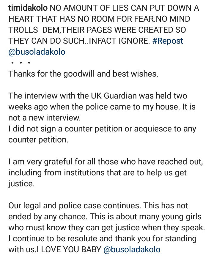 "No amount of lies can put down a heart that has no room for fear" - Timi Dakolo says as he stands by his wife amid reports of police intimidation