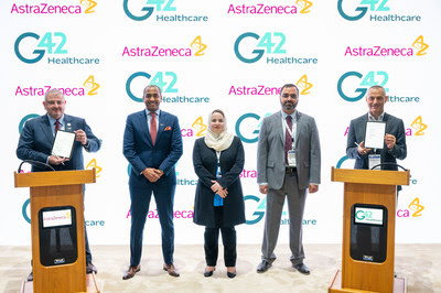 Left to right - Ghaleb Al Ahdab Government Affairs, Associate Director Gulf at AstraZeneca, Hicham Mirghani, Corporate Affairs Director GCC at AstraZeneca, Dr. Asma Al Mannaei, Executive Director, Research and Innovation Centre at DoH, Dr. Fahed Al Marzooqi, Chief Operating Officer at G42 Healthcare, Francesco Redivo Senior Director at G42 Healthcare