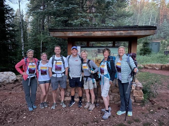 Fran Anderson (second from right) is pictured with the six family members who joined her on the 24,-mile, rim-to-rim hike of the Grand Canyon on Sept. 3, 2023. From left to right, they are daughter Brenda Sibley, granddaughter Brooklyn Sibley, son-in-law Travis Sibley, grand-nephew Brett Usinger, niece Laurie Usinger and daughter Lynnette Anderson Opp.