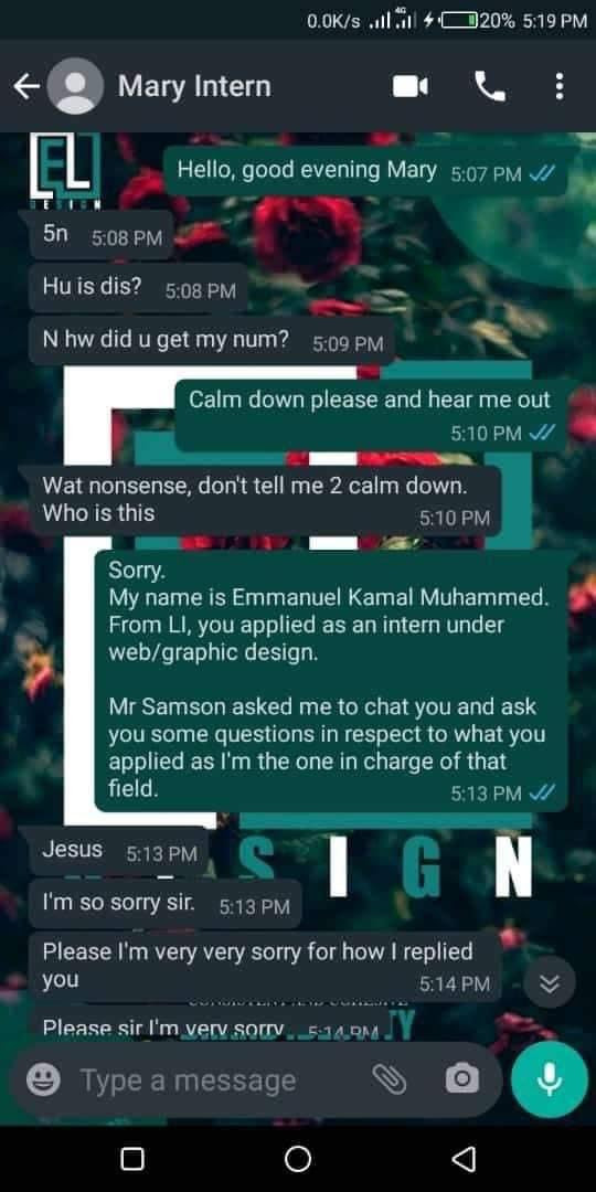 Argument ensues as HR disqualifies a job applicant because of her response to his WhatsApp message