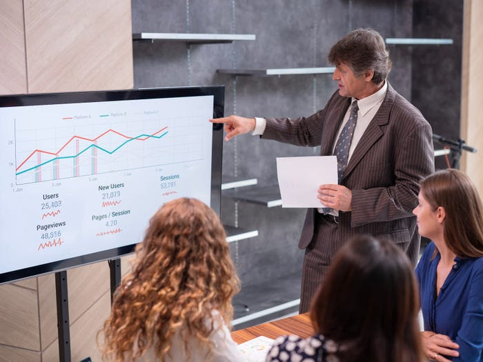 Data analyst in a meeting points to a chart on a screen