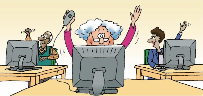 cartoon image of happy people at computers