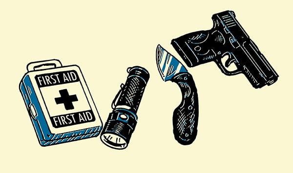 personal defense edc first aid kit knife gun flashlight illustration