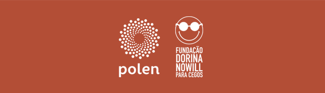 Fundo vermelho com logo do Polen e da Fundação Dorina na cor branca.
