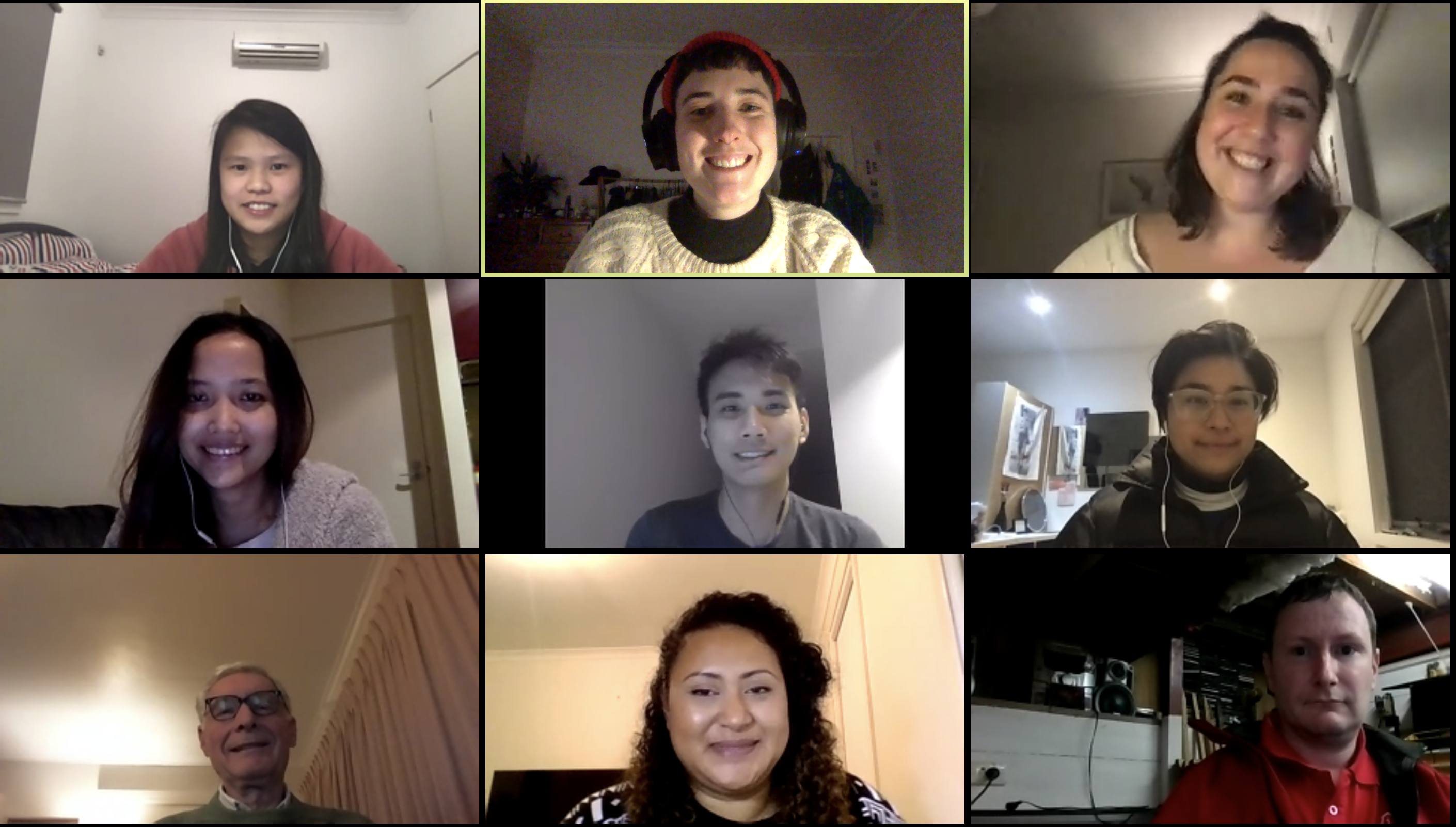 Screenshot of nine people on a zoom call looking at the camera.