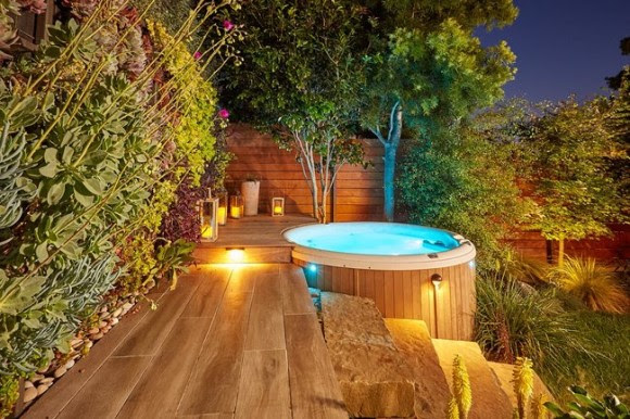 Hot tub and succulent wall