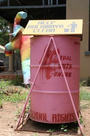 Pink waste bins donated by the Sexual Rights Centre, which supports gays and lesbians, sparked a furore in conservative Zimbabwe. Credit: Busani Bafana/IPS