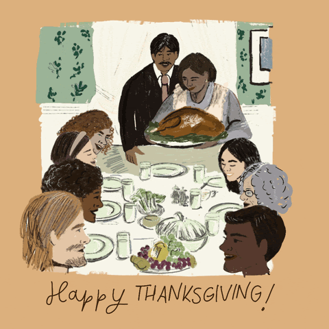 Image of people eating with the words "happy thanksgiving" written