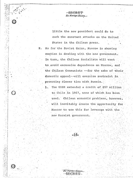 Última página do segundo documento desclassificado do Conselho de Segurança Nacional dos EUA que descreve a relação entre o Governo de Allende e a União Soviética.