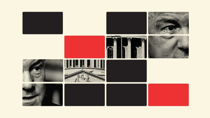 red and black squares in a grid with black and white photos