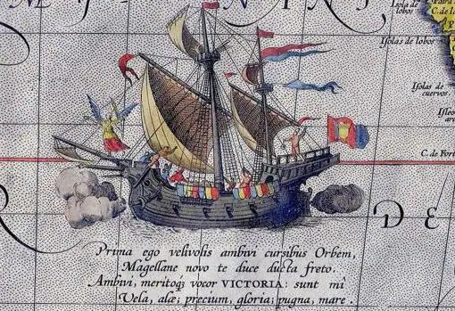 La nao Victoria de "Elcano", en un mapa de Abraham Ortelius de 1589